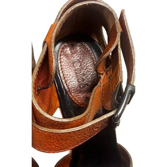 Chloe‎ Leather Heeled Platform Sandals, Ankle Strap Wooden Heels, Size 40 - Picture 6 of 11